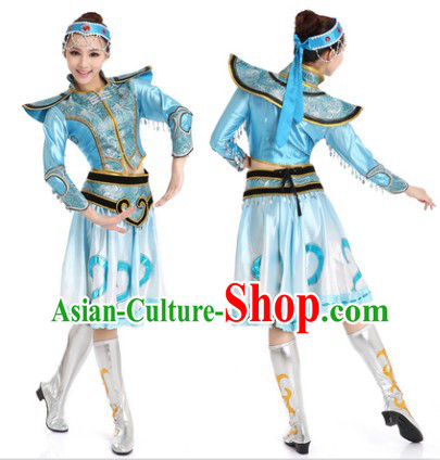 Blue Chinese Mongolian Dance Uniform for Women