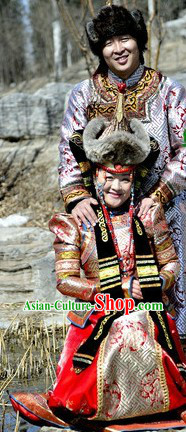 Traditional Mongolian Emperor and Empress Clothes and Hats Complete Set