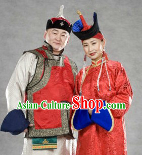 Traditional Mongolian Husband and Wife Clothing and Hats Complete Sets