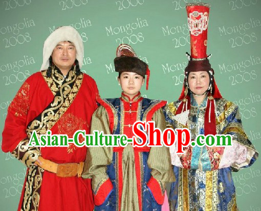 Traditional Mongolian Mother Father and Son Clothing Three Complete Sets