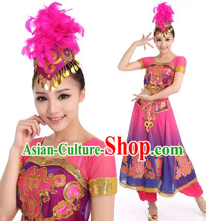 Purple Indian Dance Costumes and Hat for Women