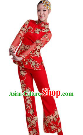 Traditional Chinese Red Dance Costumes and Headpiece for Ladies