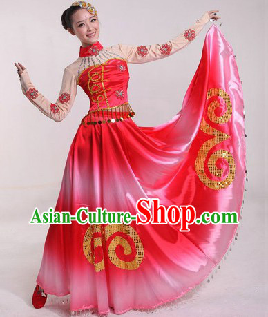Chinese Classical Stage Performance Dance Skirt Costumes and Headpiece for Ladies