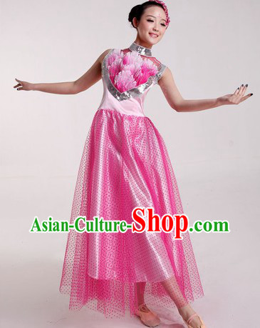 Chinese Pink Chorus and Lotus Dance Costumes and Headpiece for Ladies