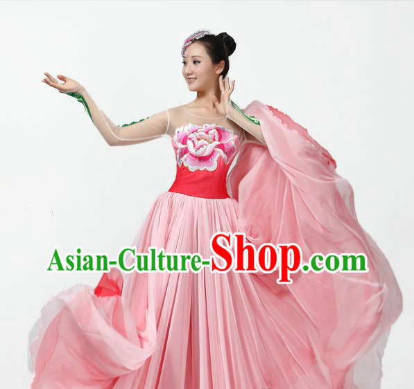 Chinese Classical Peony Long Skirt Dance Costumes and Headpiece