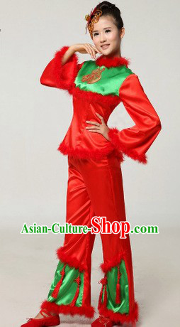Chinese New Year Red Drummer or Fan Dance Costumes and Headpiece for Women