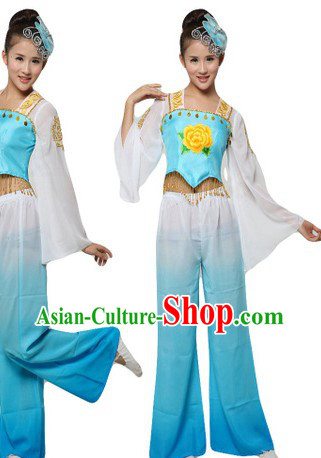 Chinese Blue Yangge Dance Costumes and Headpiece for Women