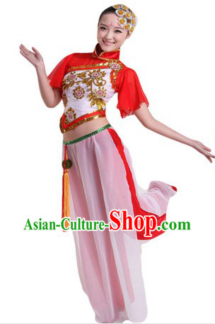 Traditional Chinese Fan Dancing Costumes and Headpiece for Ladies