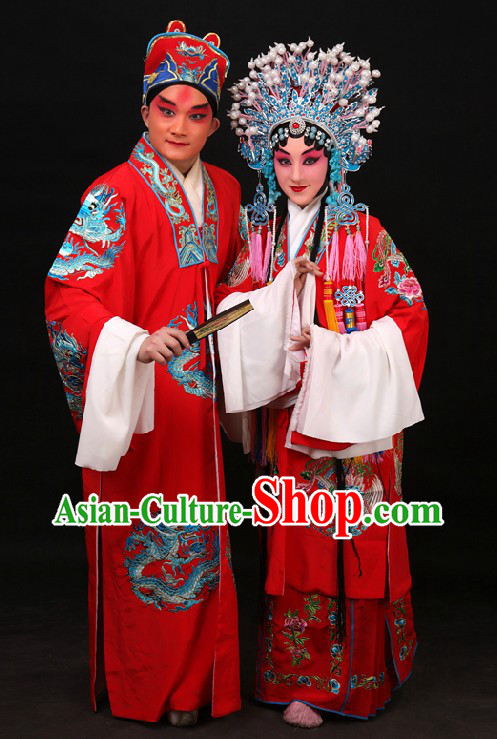 Red Traditional Chinese Embroidered Wedding Dresses Two Sets for Men and Women