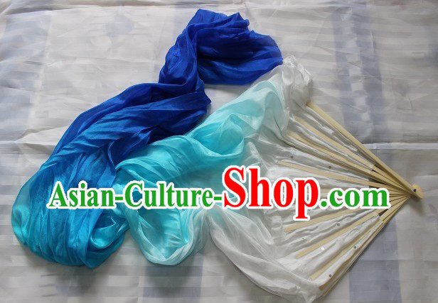 Handmade White to Blue Colour Transition Long Silk Dance Fan