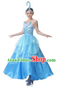 Traditional Chinese Sea Color Dance Costumes and Hat for Women
