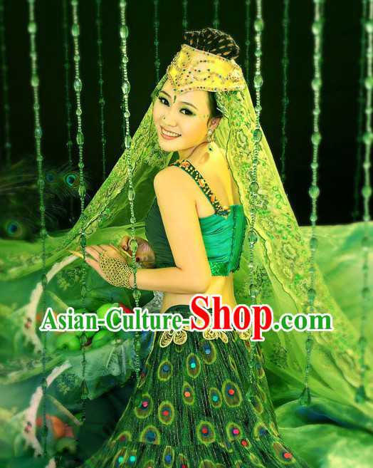 Green Chinese Peacock Dance Costumes and Headpiece for Women