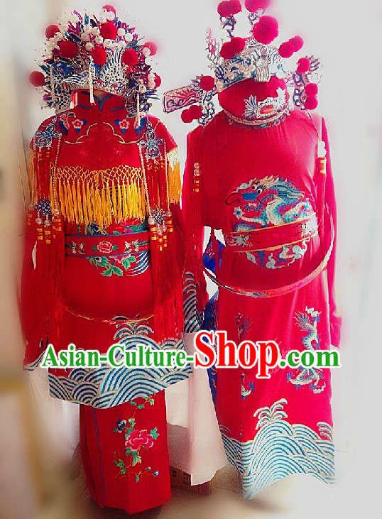 Traditional Chinese Wedding Dresses and Hats Complete Set for Brides and Bridegrooms