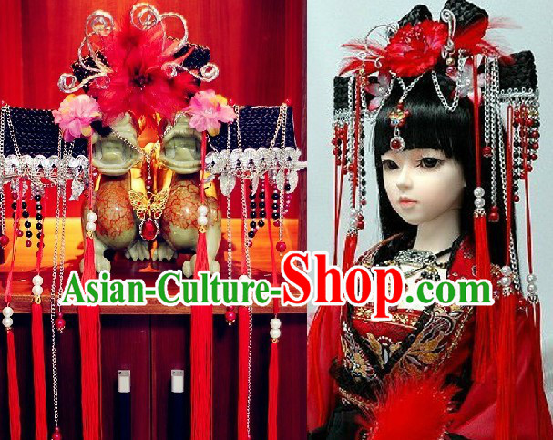 Ancient Chinese Red Bridal Partial Wig and Hair Accessories Complete Set