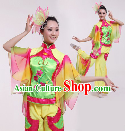 Traditional Chinese Fan Dancing Costume and Headpieces for Women