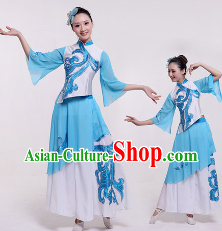 Chinese Classical Blue Dance Costumes and Headpieces
