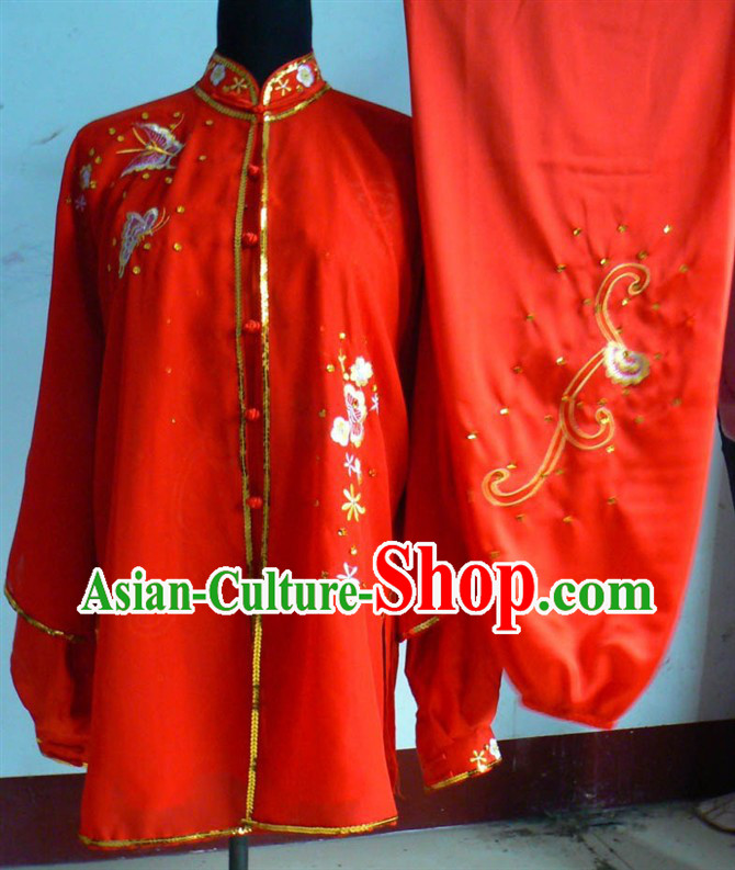 Red Flower Embroidery Martial Arts and Tai Chi Outfit Complete Set for Women