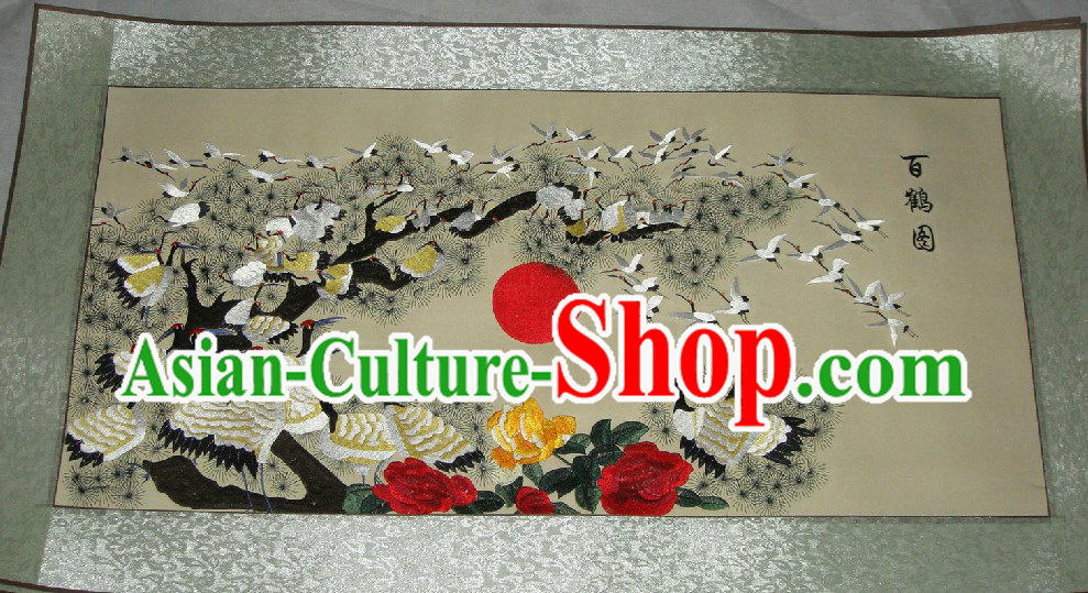 Traditional Chinese Computer Embroidered 100 Cranes Wall Hanging