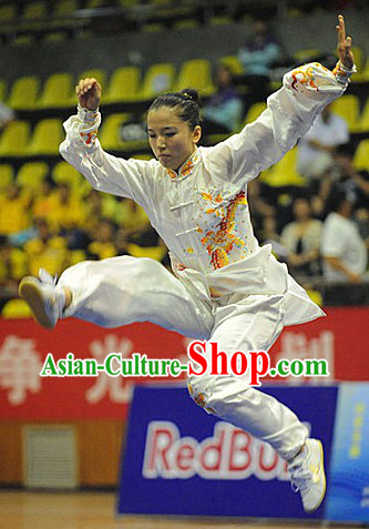 White Martial Arts Embroidered Dragon Competition and Practice Suit for Adult Women