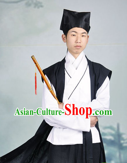 Ancient Chinese Cotton and Flax Wuxia Knight Costumes and Hat for Men