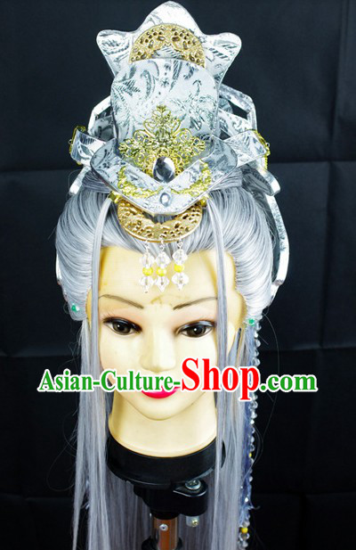 Ancient Chinese White Wig and Accessories for Men
