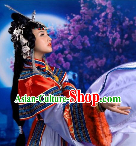 Traditional Chinese Tibetan Style Wu Lan Tu Ya Clothing and Hair Accessories Complete Set