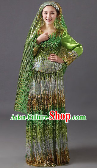 Traditional Chinese Muslin Hui Dancing Costumes and Headpiece for Women