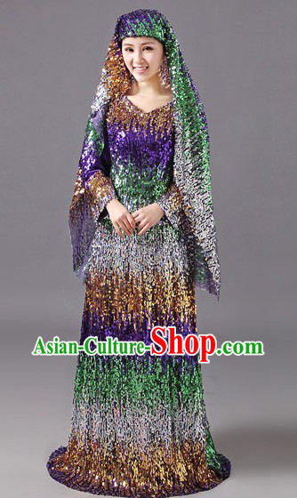 Traditional Chinese Muslin Hui Ethnic Dancing Costumes Clothing and Cape for Women