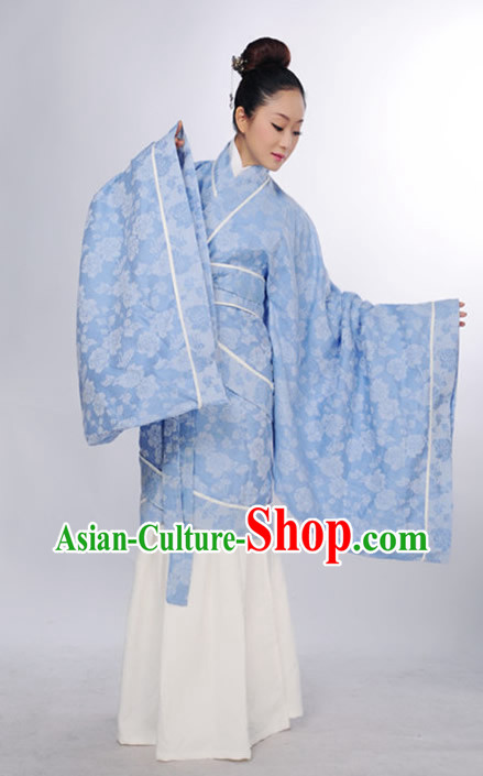 Ancient Chinese Light Blue Flower Hanfu Clothing