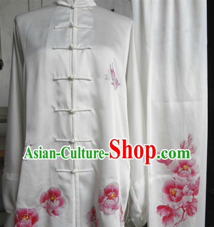Traditional Chinese White Embroidered Peony Silk Tai Ji Suit