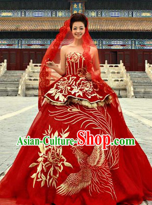 Traditional Chinese Red Phoenix Wedding Veil Clothing Skirt Evening Dress