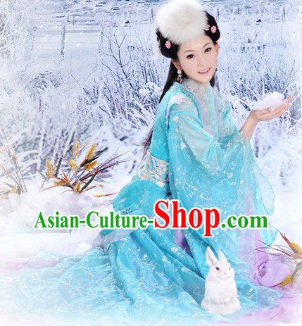 Ancient Chinese Tang Dynasty Blue Princess Costume and Hair Accessories