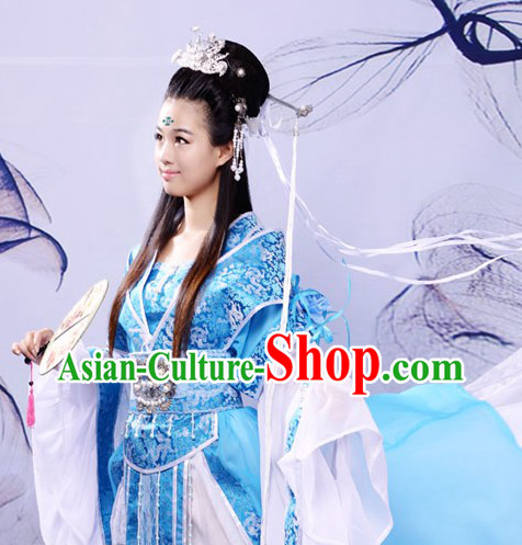 Ancient Chinese Blue Princess Clothing and Hair Accessories Complete Set