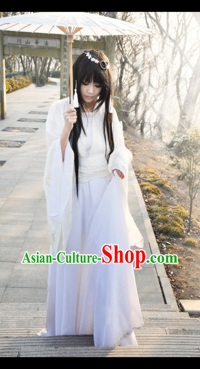 Pure White Ancient Chinese Fairy Outfit and Headdress for Women