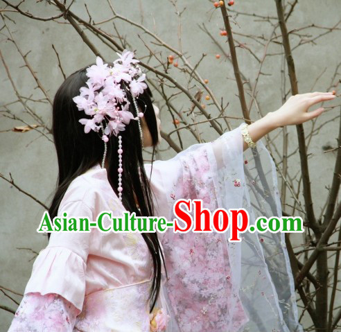 Ancient Chinese Pink and White Imperial Princess Garment and Flower Hair Accessories Complete Set