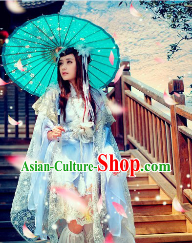 Ancient Chinese White Princess Cosplay Costumes Umbrella and Headdress