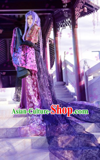Ancient Chinese Stage Performance Purple Concubine Cosplay Costumes and Headpieces Complete Set