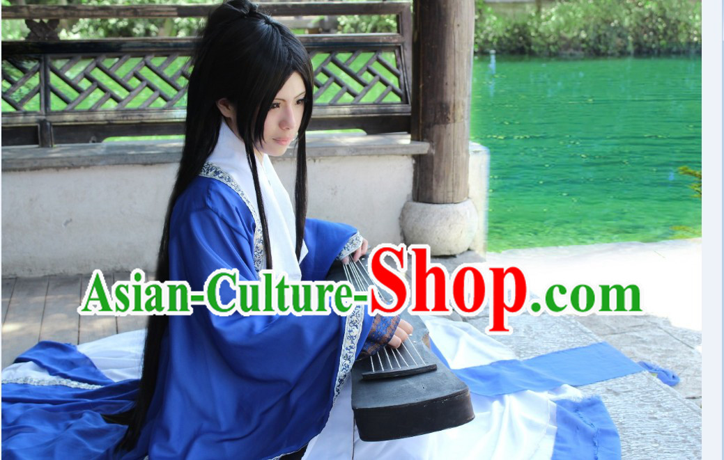 Ancient Chinese Blue Guzhuang Musician Clothes Complete Set