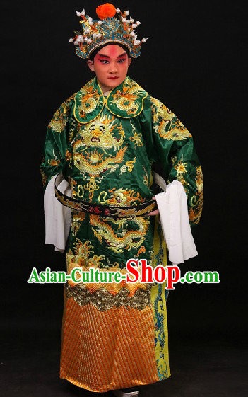 Green Traditional Chinese Opera Dragon Embroidery Costumes and Hat for Men