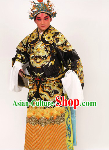 Black Traditional Chinese Opera Dragon Embroidery Costumes and Hat for Men