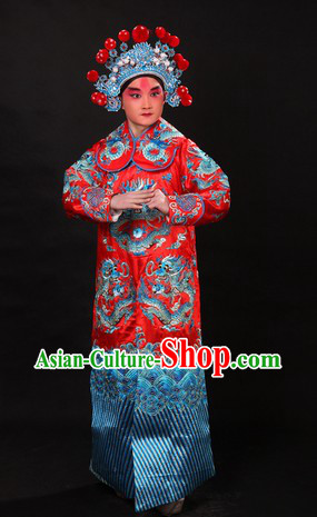 Red Traditional Chinese Opera Xue Pinggui Dragon Embroidery Jianyi Robe and Hat for Men