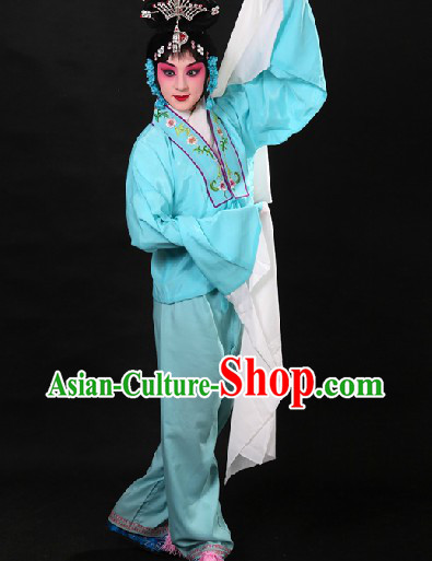 Traditional Chinese Blue Beijing Opera Hua Dan Long Sleeves Practice Robe and Pants