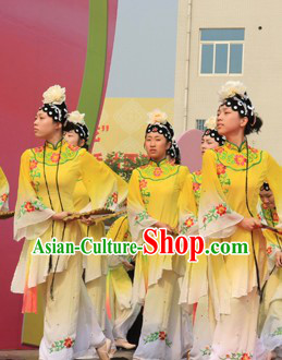 Yellow The Peach Blossom Fan Dance Costumes and Headwear for Women