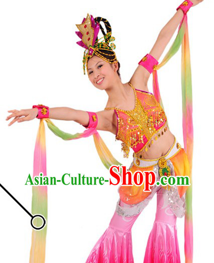 Traditional Chinese Long Ribbon Dancing Costumes and Headwear for Women