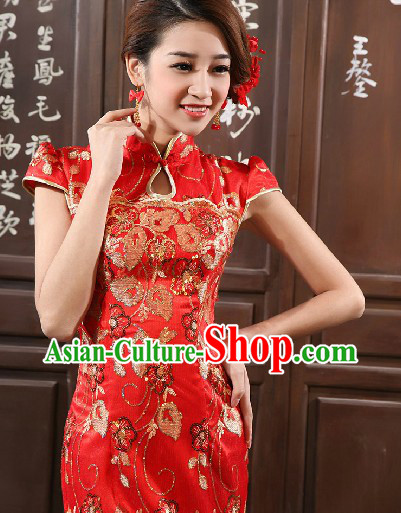 Long Peony Embroidery Chinese Mandarin Style Evening Dress
