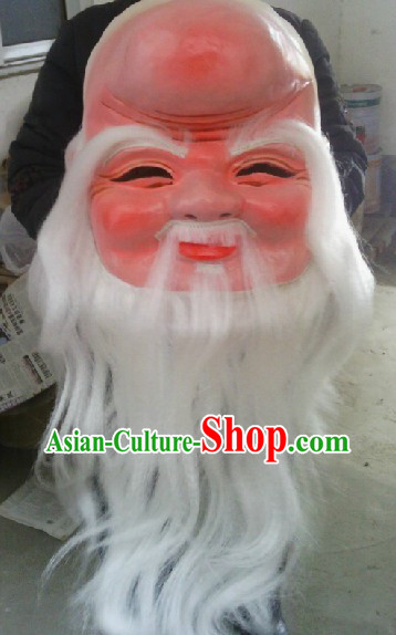 Traditional Chinese Festival Celebration Smile Grandfather Mask with White Long Beard