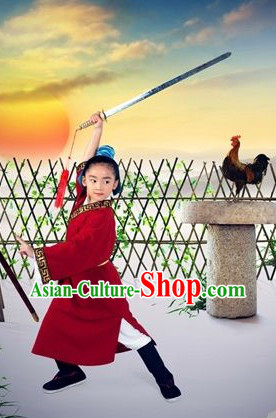 Ancient Traditional Chinese Wu Song Hero Costumes and Headwear for Kids