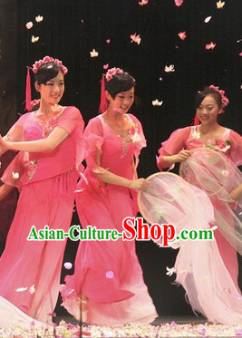 Classical Peach Flower Dance Costume and Headwear Full Set for Women