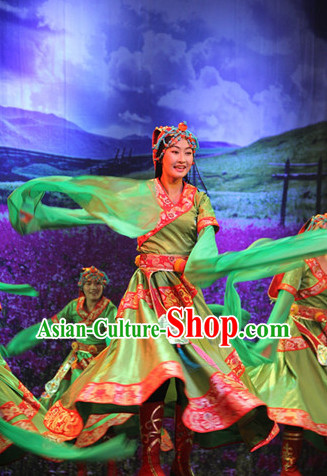 Chinese Tibetan Dance Costumes Attire and Headwear Complete Set for Women