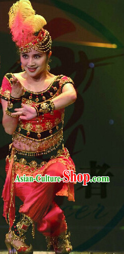 Professional Stage Performance Xinjiang Dance Costume and Hat for Girls